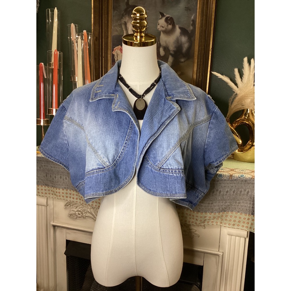 Check Me First Women 3X Blue Denim Cropped Shrug Jacket Short Sleeve Bolero